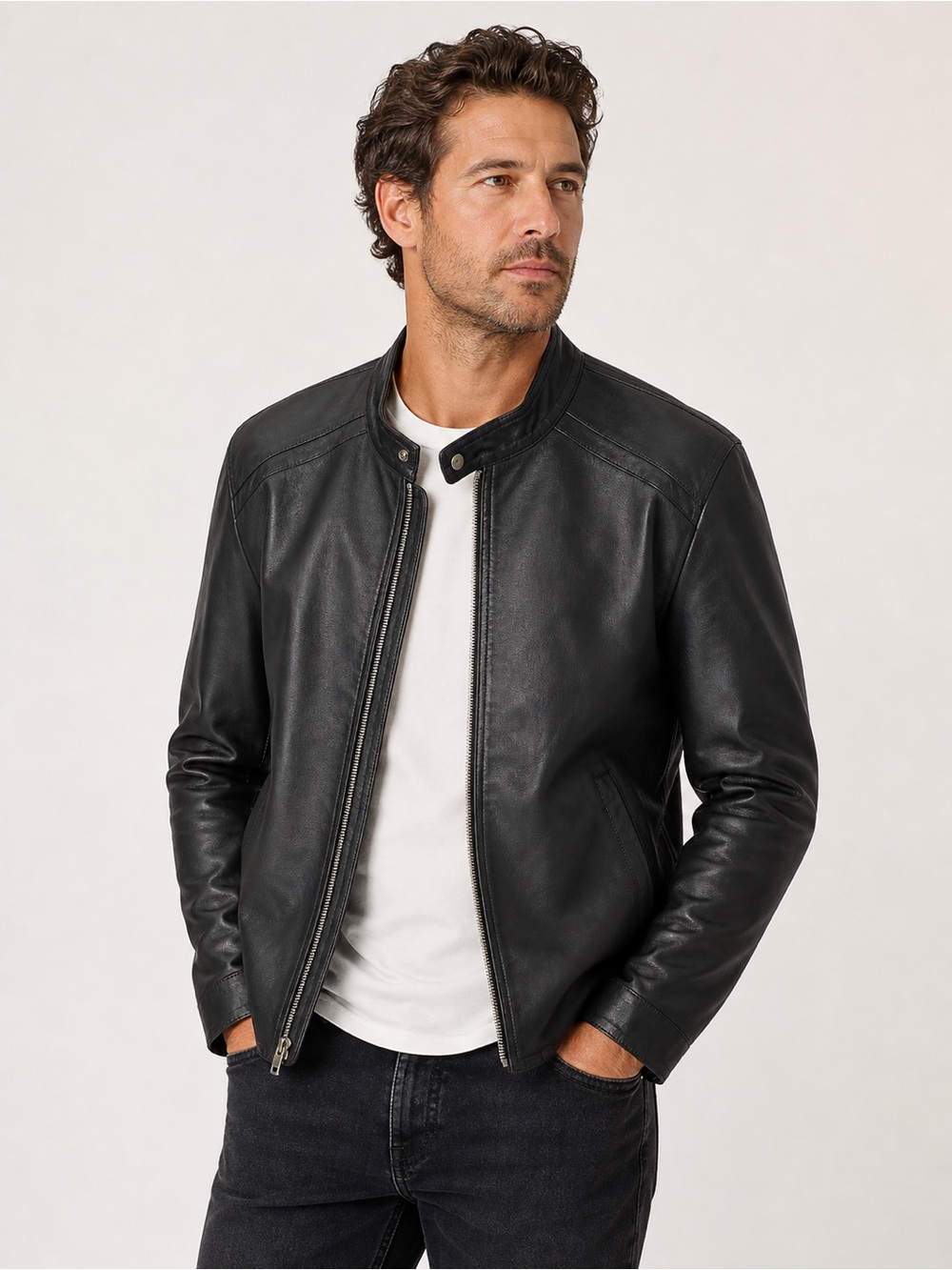 NWOT Black Faux Leather Moto Jacket Medium Biker Zip Front Lined Classic